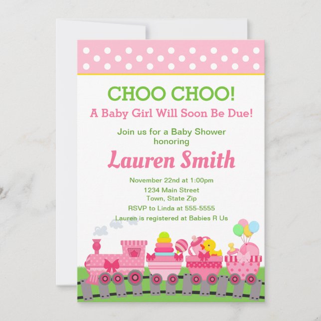 Train Baby Shower Invitation Baby Girl Zug Einladung (Vorderseite)