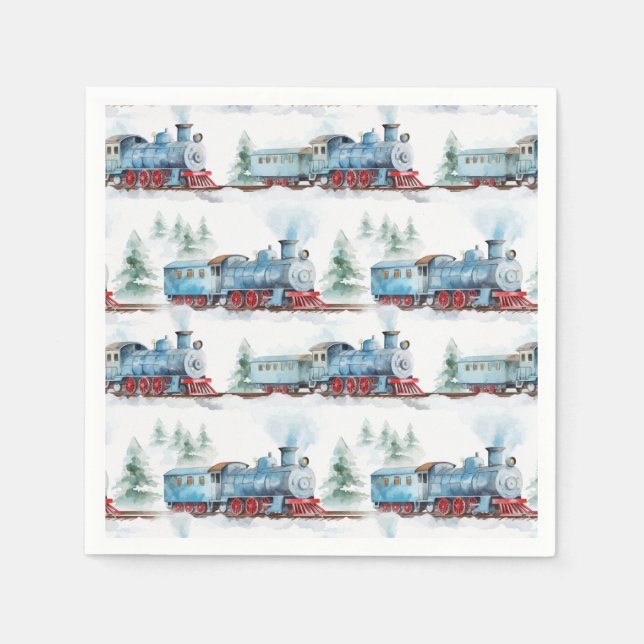 Train Birthday Party Baby Dusche Wasserfarbe Blau Serviette (Vorderseite)