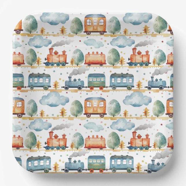 Train Birthday Party Baby Dusche Wasserfarbe Pappteller (Vorderseite)
