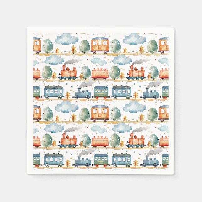 Train Birthday Party Baby Dusche Wasserfarbe Serviette (Vorderseite)
