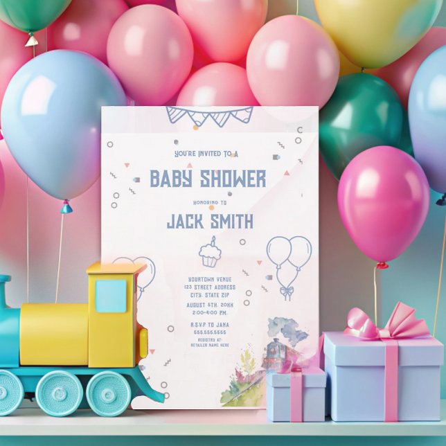 Train Blue Balloons Boy Whimsical Baby Shower Einladung (Von Creator hochgeladen)
