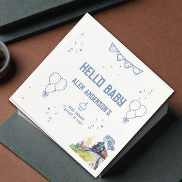 Train Blue Balloons Boy Whimsical Baby Shower Serviette