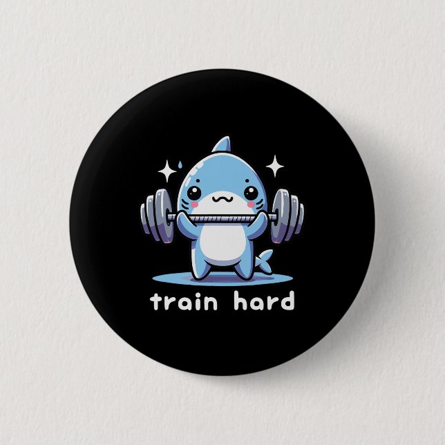 Train Hard Funny Shark Lifting Weights Dumbells G Button (Vorderseite)