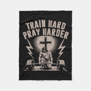Train Hard Pray Harder Funny Christlich Workout Gy Fleecedecke