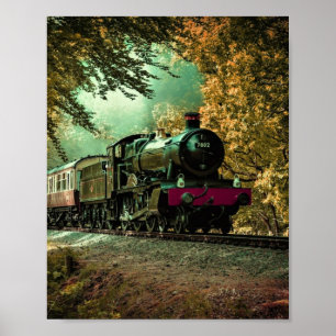 Train Locomotive Retro Vintage Fall Leaves Poster