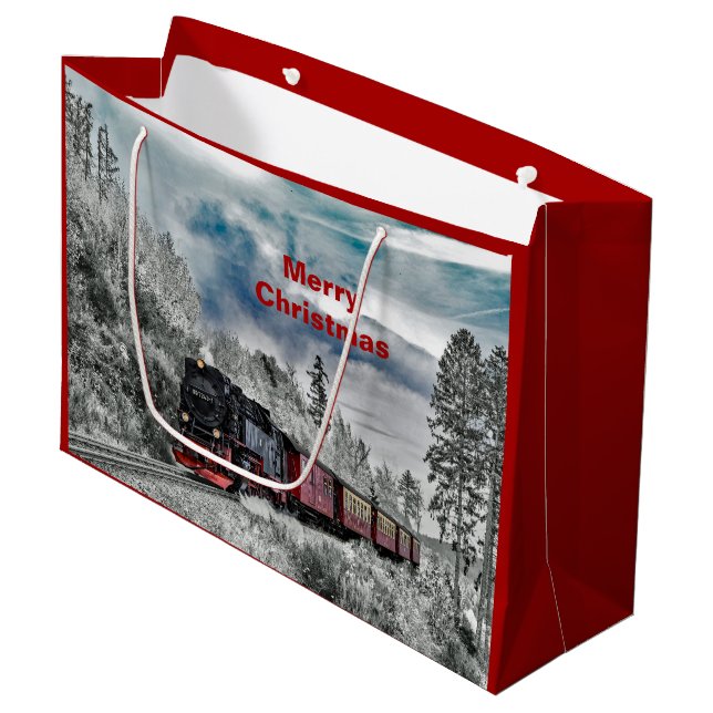 Train Snow Foto Weihnachten Große Geschenktüte (Vorderseite Schrägansicht)