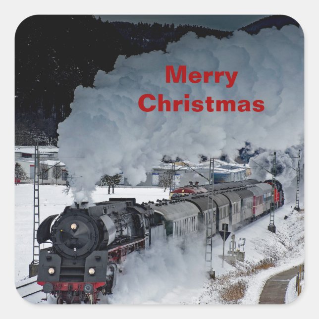 Train Steam Locomotive Snow Foto Weihnachten Quadratischer Aufkleber (Vorderseite)