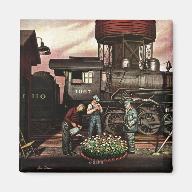 Train Yard Flower Garden von Stevan Dohanos Magnet (Vorne)