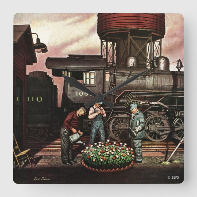 Train Yard Flower Garden von Stevan Dohanos Quadratische Wanduhr (Vorderseite)