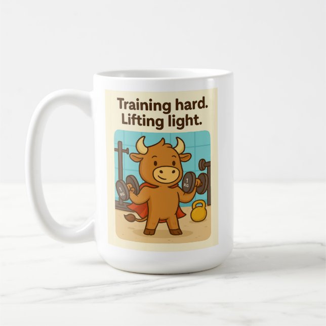 Training Hard. Licht heben. Bullio Cartoon Desig Kaffeetasse (Links)