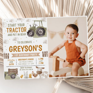 Traktor Farm Geburtstagspartei Tiere Stall Foto Einladung