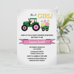 Traktor Girl Babydusche Einladung, rosa Traktor Einladung