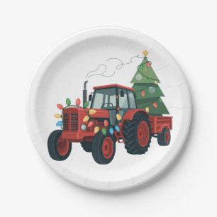 Traktor mit Anhänger Santa Farm Bauer Weihnachten Pappteller