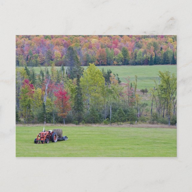 Traktor mit Heuballen auf grünem Feld mit Postkarte (Vorderseite)