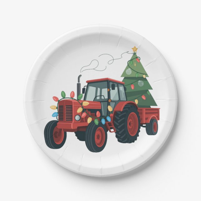 Traktor mit Trailer Santa Farm Bauer Weihnachten Pappteller (Vorderseite)