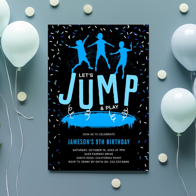 Trampolin-Kinder Blaue Geburtstagsfeier Einladung (Von Creator hochgeladen)