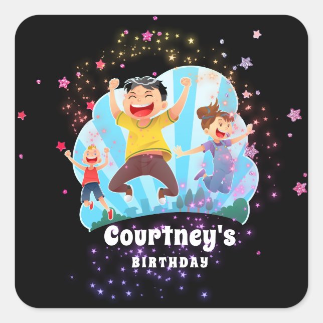 Trampolin Party Kinder Jump Geburtstagsgunst Quadratischer Aufkleber (Vorderseite)
