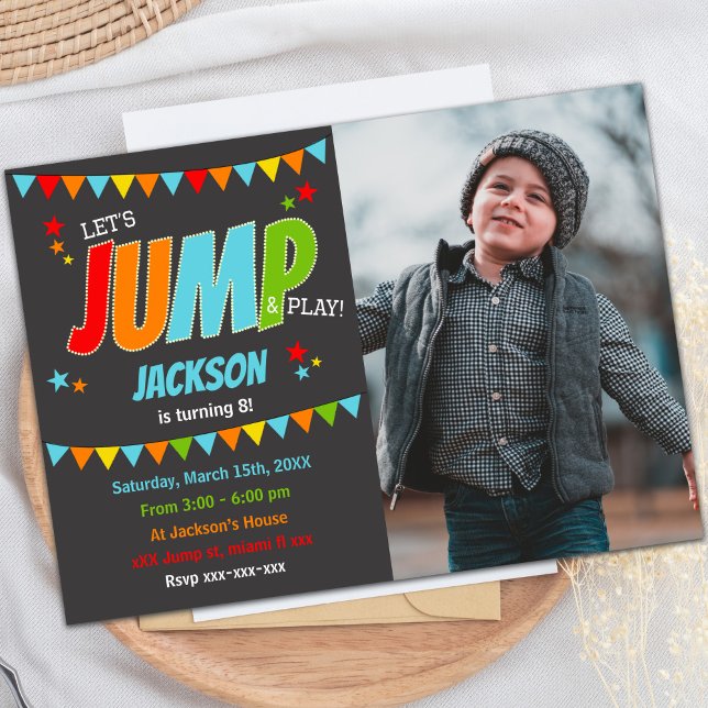 Trampolin Party Thema für Kinder Einladung (Jump Birthday Invitations with photo)