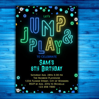 Trampoline Birthday Neon Glow Jump Play Party Einladung