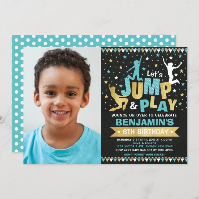 Trampoline Geburtstagsparty Jump Bounce Blue Gold Einladung (Vorne/Hinten)