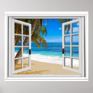 Tranquil Beach Ocean Fake Window View Poster