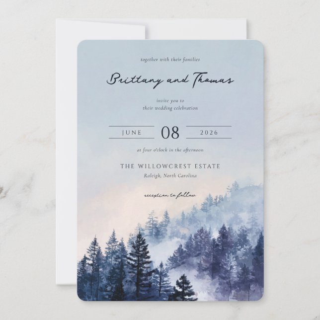 Tranquil Blue Watercolor Forest Einladung (Vorderseite)