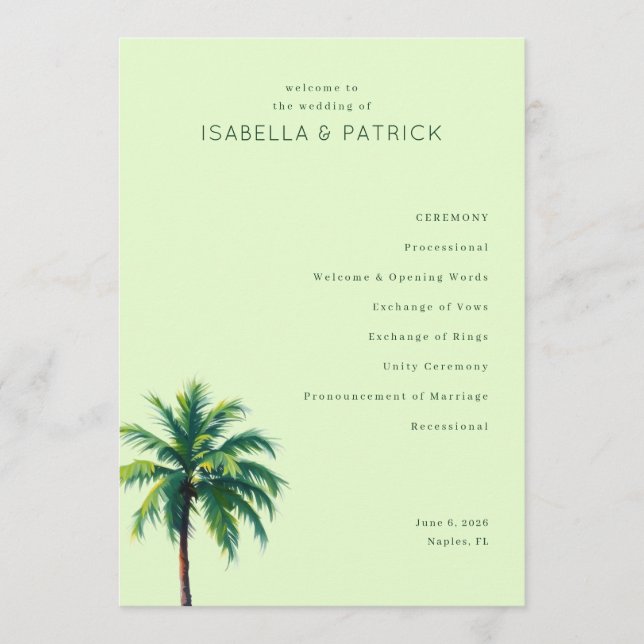 Tranquil Green Palm Tree Wedding Ceremony Schedule Programm (Vorderseite)