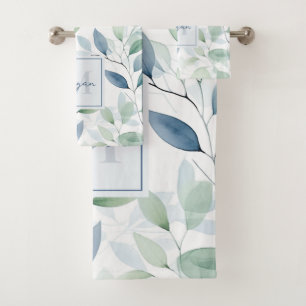 Tranquil Oasis Aquarell Blätter Monogramm und Name Badhandtuch Set