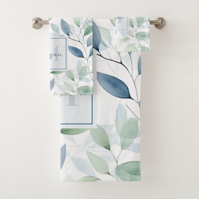 Tranquil Oasis Aquarell Blätter Monogramm und Name Badhandtuch Set (Insitu)