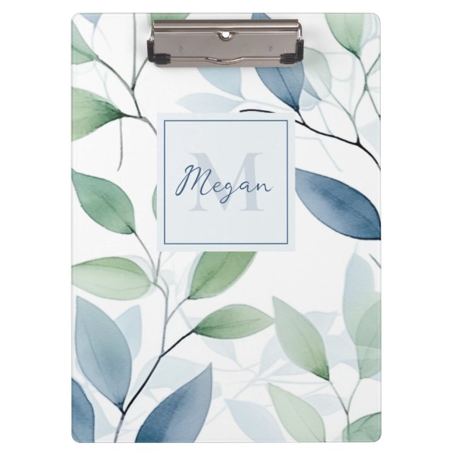 Tranquil Oasis Aquarell Blätter Monogramm und Name Klemmbrett (Vorderseite)