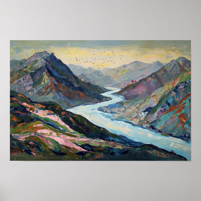 Tranquil River, Mountain Hues Illustration Retro Poster (Vorne)