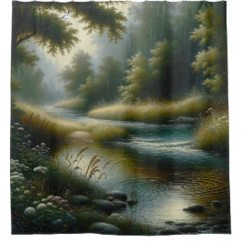 "Tranquil River Through Lush Forest" Duschvorhang