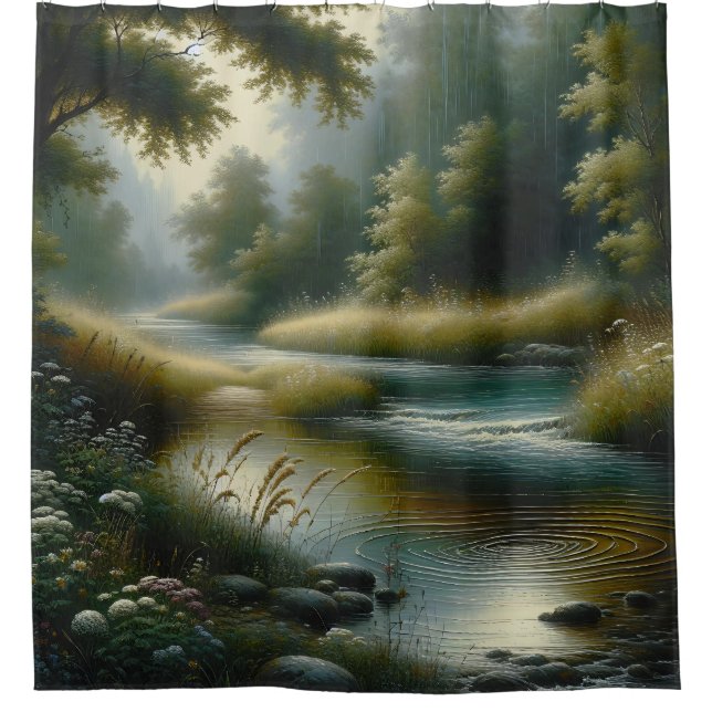 "Tranquil River Through Lush Forest" Duschvorhang (Vorderseite)