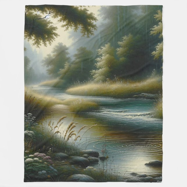 "Tranquil River Through Lush Forest" Fleecedecke (Vorderseite)