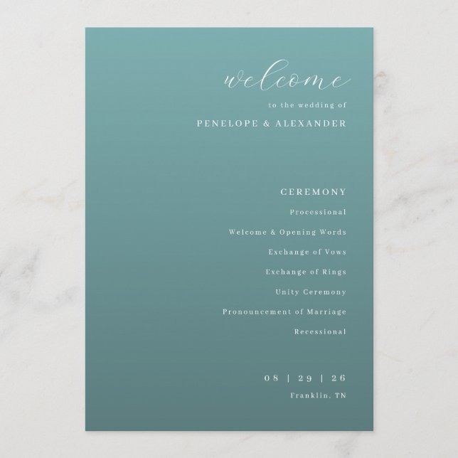 Tranquil Teal Wedding Ceremony Schedule Programm (Vorderseite)