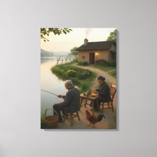 Tranquil Village Morning by the Lake Wall Art Leinwanddruck