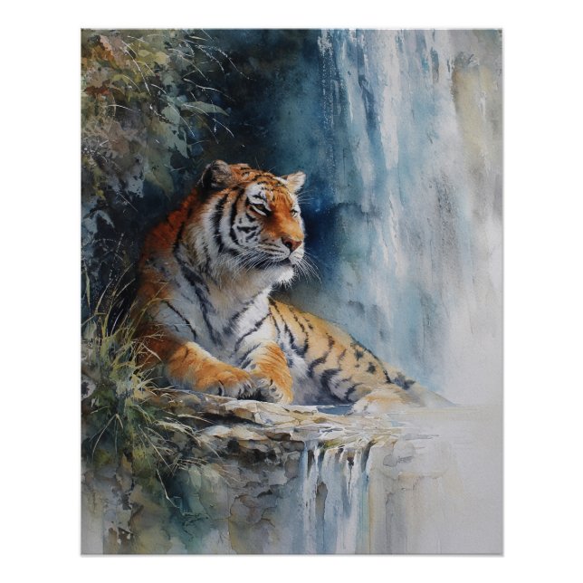 Tranquil Waterfall Tiger Misty Cliff Art Poster (Vorderseite)
