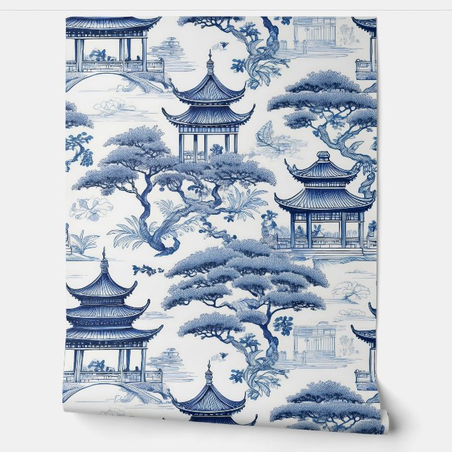 Tranquility Blue & White Chinoiserie Garden Tapete (Abrollen)