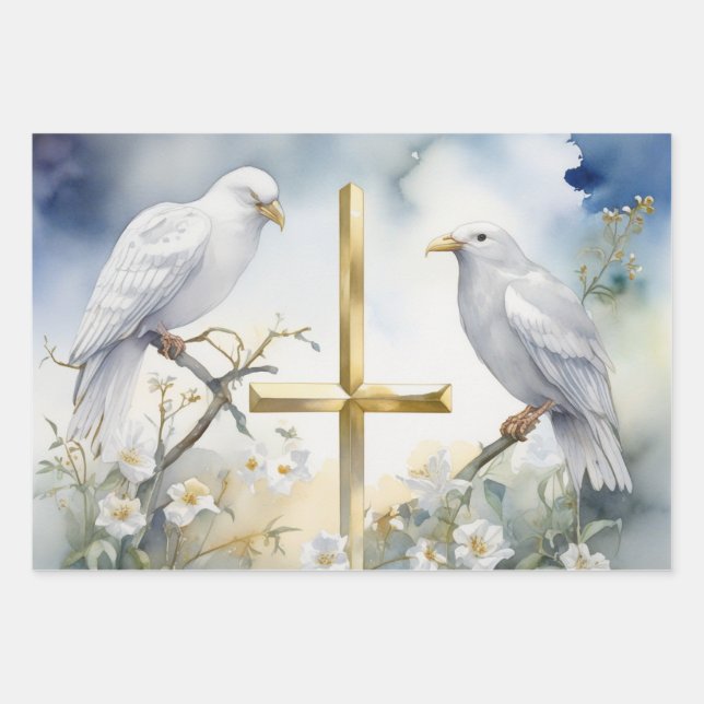 Tranquise Doves and Crosses Gift Wrap Geschenkpapier Set (Vorderseite)