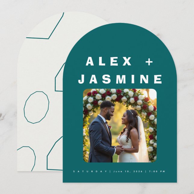 Transformative Teal Modern Arched Wedding  Einladung (Vorne/Hinten)