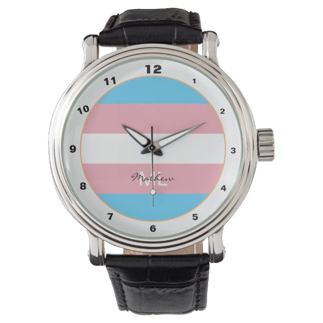 Transgender Flag & Pride Community / mit Monogramm Armbanduhr (Vorderseite)