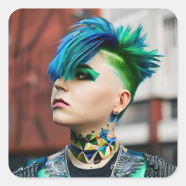 Transgender Person mit blauem und grünem Mohawk Quadratischer Aufkleber