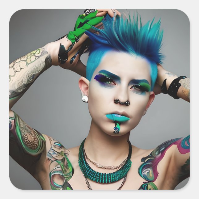 Transgender Person mit Blue Mohawk Quadratischer Aufkleber (Vorderseite)