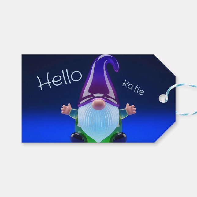 Translucent Glass Gnome Figurine with Custom Name Geschenkanhänger (Vorderseite (Horizontal))