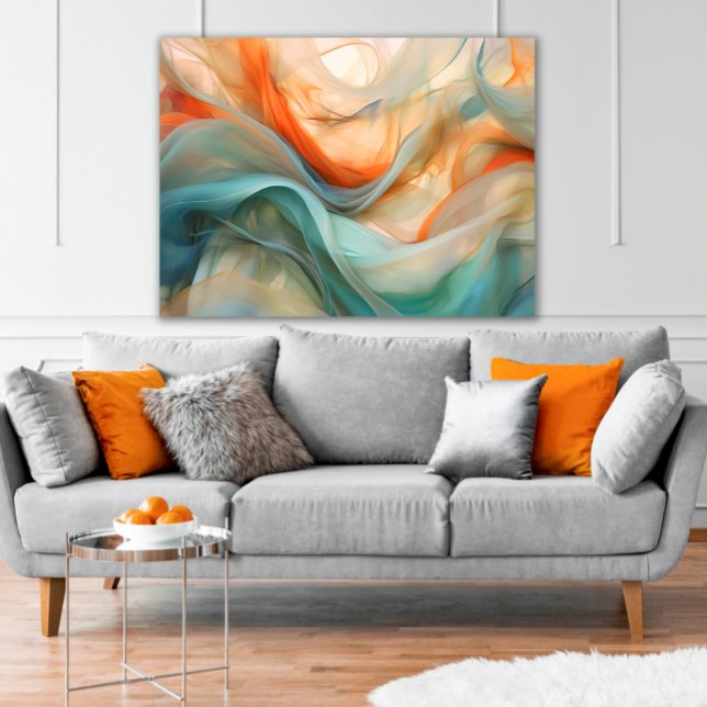 Transluzenter Fluss: Abstrakt in Orange, Taupe, Aq Leinwanddruck (Printed Canvas Art Abstract Translucent Flowing Silk in teal, orange, and neutrals Modern )