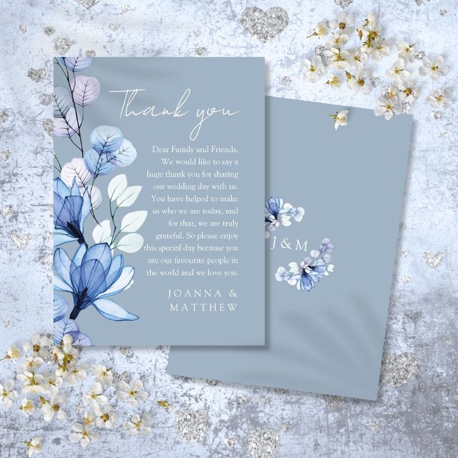 Transparent Floral Dusty Blue Wedding Vielen Dank Platzkarte (Transparent Floral Dusty Blue Wedding Thank You Place Card)