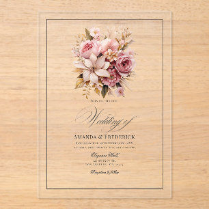 Transparent-Rosa und Gold Blumenhochzeit Acryleinladungen