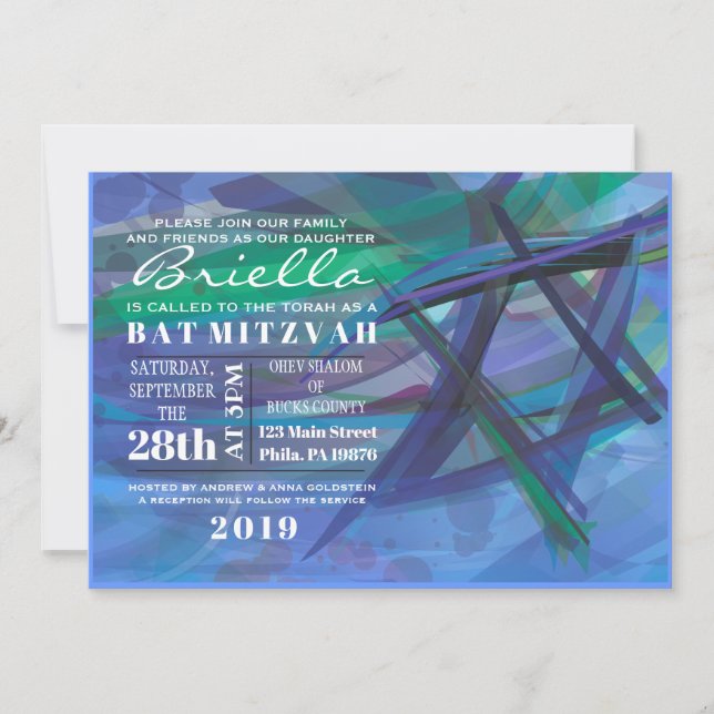 TRANSPARENT STAR Bat Bar Mitzvah Einladung blau (Vorderseite)