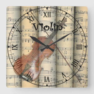 Transparent Violin ~ Rolled Vintage Sheet Music ~ Quadratische Wanduhr