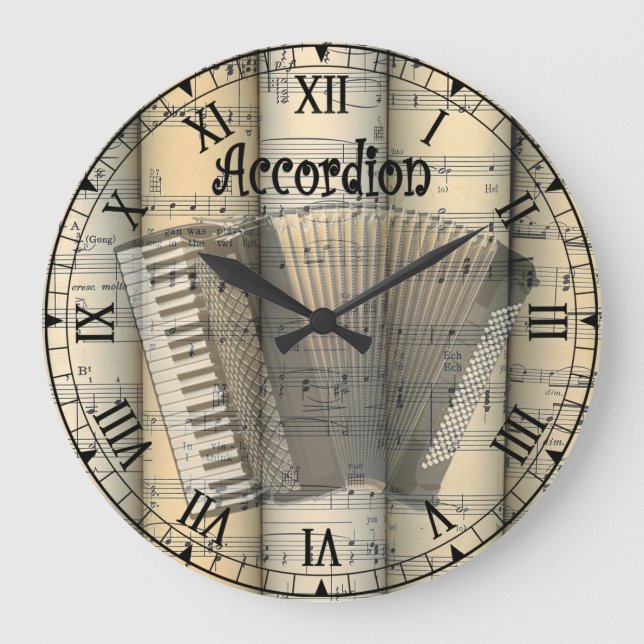 Transparente Akkordeon ~ Vintage Notenblätter Große Wanduhr (Vorderseite)